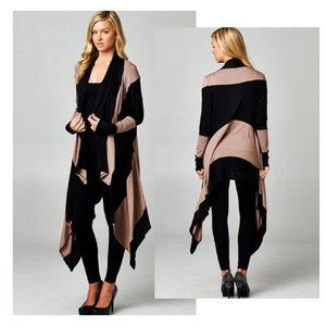Khaki and Black Stripe Color Block High Low Stretch Lightweight Cardigan NEW
